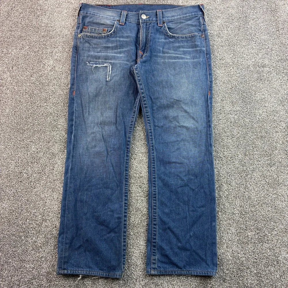 Vintage True Religion Bobby Jeans Mens 36x30 Blue Cotton Distressed Straight Leg